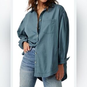 Free People Happy Hour Solid Poplin Oversized Shirt Blue | Medium